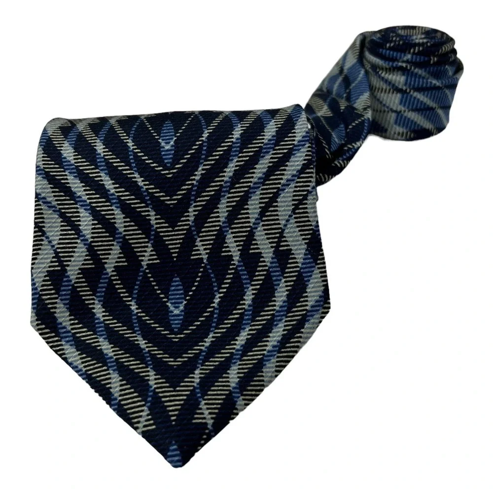 Jhane Barnes Blue & Gray Print Silk Neck Tie Mens‎ Size 3.75